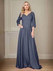 A Line Chiffon V Neck 3/4 Sleeves Floor-Length Mother Of The Bride Dress With Appliques