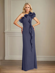 Navy Stretch Crepe Sheath/Column One Shoulder Floor Length Mother of the Bride Dresses With Ruffles