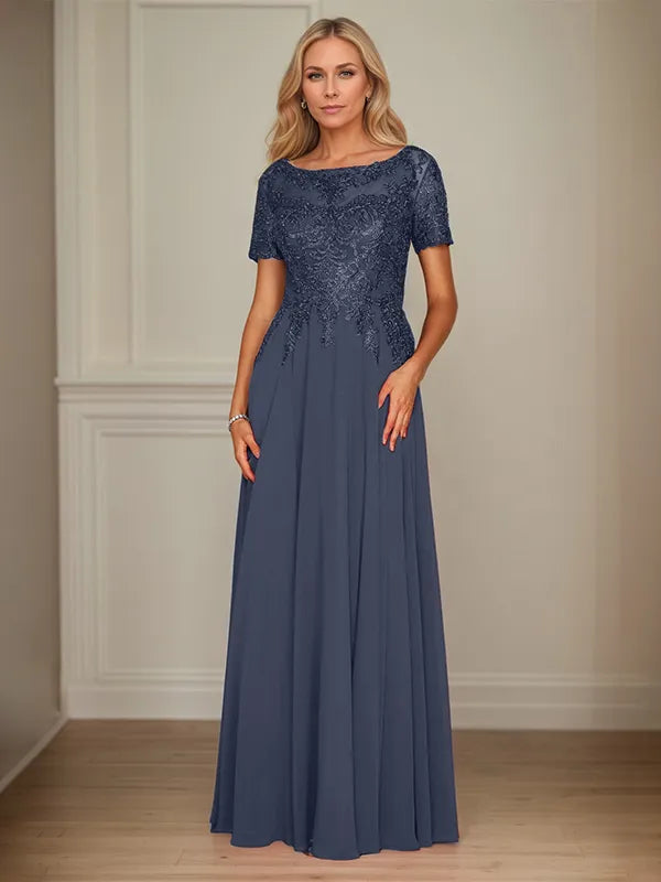 A Line Chiffon Boat Neck Short Sleeves Floor Length Mother of the Bride Dresses