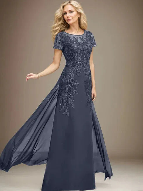Column Scoop Illusion Floor-Length Lace Chiffon Mother of the Bride Dress With Sequins