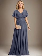 A-line V-Neck Floor-Length Chiffon Mother of the Bride Dress With Crystal Brooch Pleated