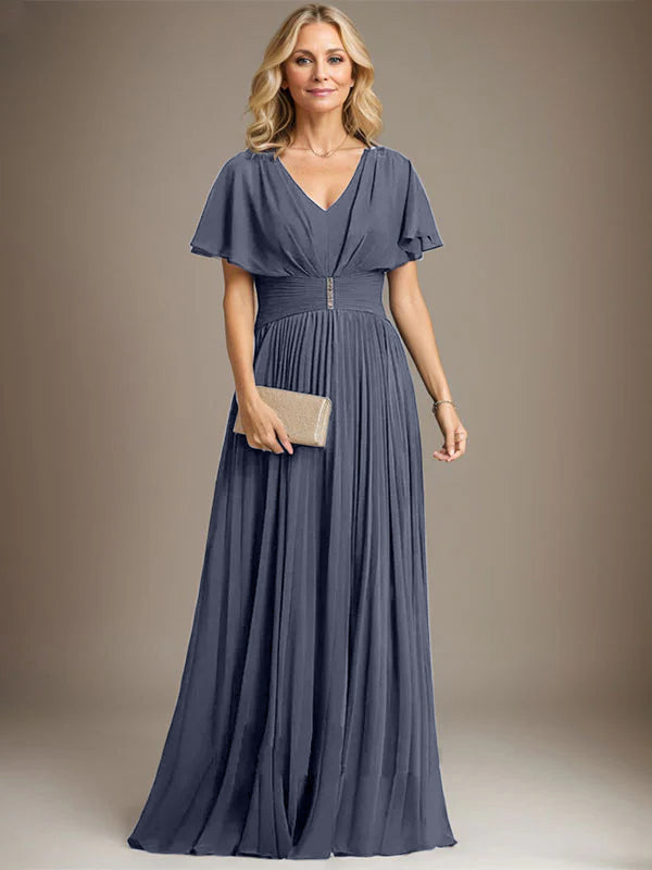 A-line V-Neck Floor-Length Chiffon Mother of the Bride Dress With Crystal Brooch Pleated