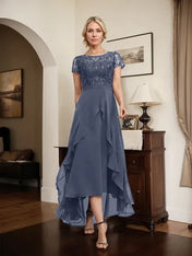 A-line Scoop Illusion Asymmetrical Chiffon Lace Mother of the Bride Dress With Bow Ruffle Sequins