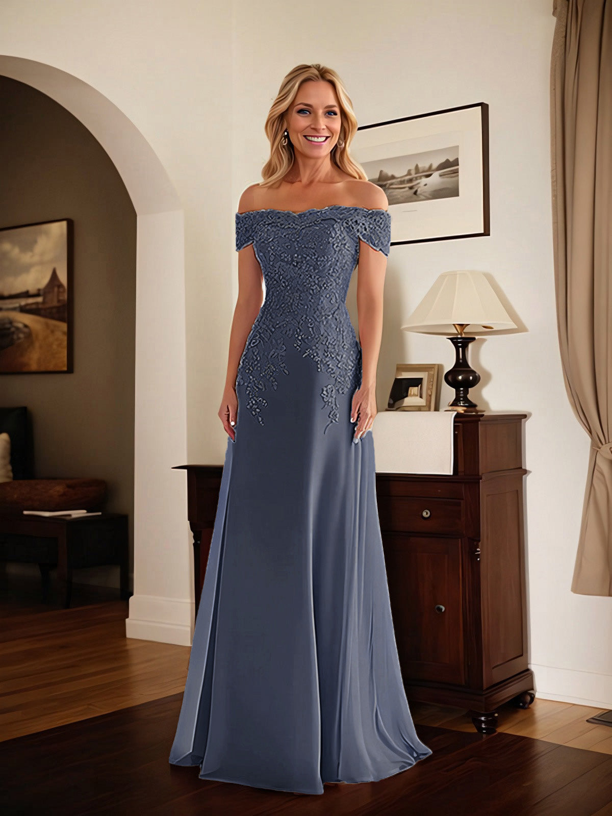 Elegant Taupe Off The Shoulder Sheath Mother of the Bride Dress with Lace