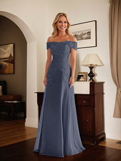 Elegant Taupe Off The Shoulder Sheath Mother of the Bride Dress with Lace