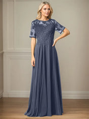 A Line Chiffon Scoop Neck Short Sleeves Floor Length Mother of the Bride Dresses