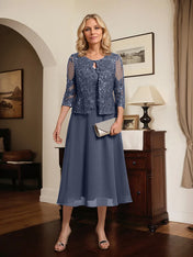 A-line Scoop Tea-Length Lace Chiffon Mother of the Bride Dress With Sequins