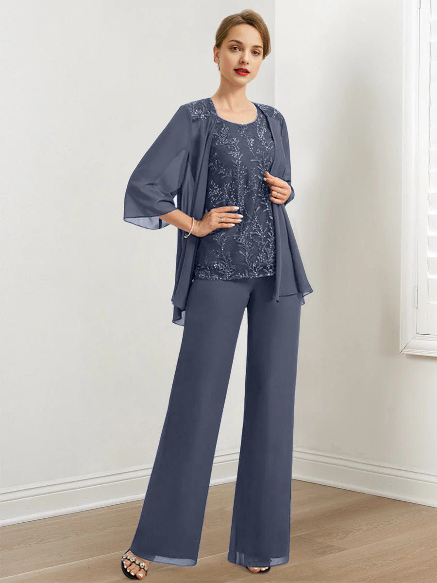 Chiffon Mother of the Bride Pantsuits with Sequins & Jacket