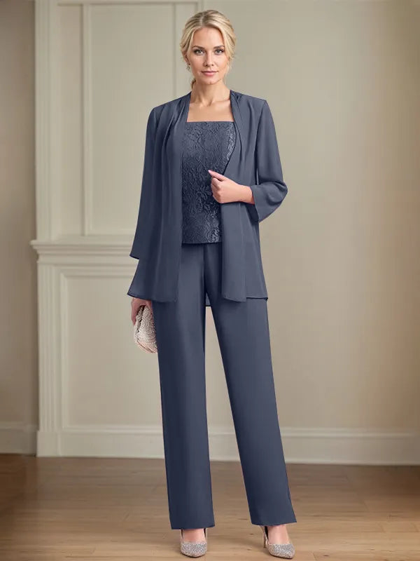 Chiffon Square Neck Sleeveless Floor Length Mother of the Bride Pantsuits