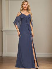 Sheath/Column Cold Shoulder V-Neck Floor-Length Chiffon Dress With Cascading Ruffles Sequins Beading