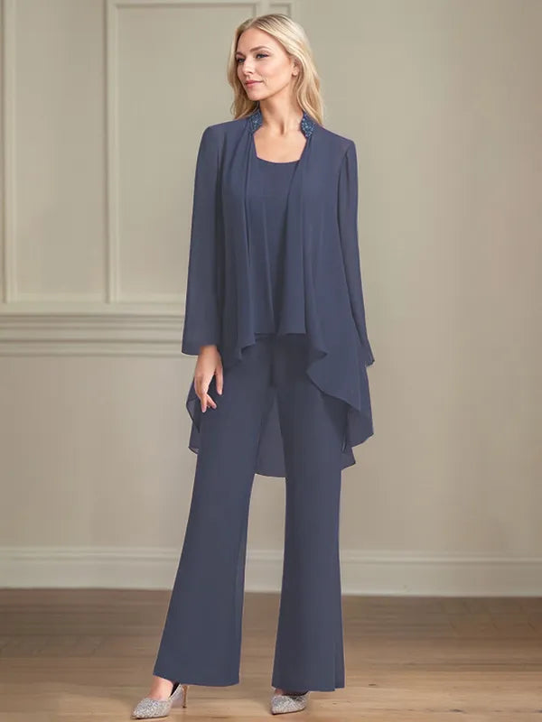 Chiffon Scoop Neck Long Sleeves Floor Length Mother Of The Bride Pantsuits