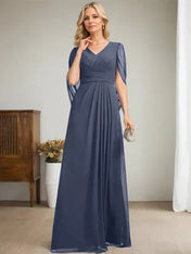 Dark Navy A-Line V-Neck Long Mother of Bride Dress