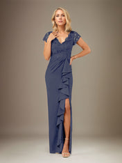 Sheath/Column V Neck Short Sleeve Floor Length Chiffon Dress With Cascading Ruffles