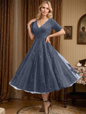 A-line V-Neck Tea-Length Tulle Lace Mother of the Bride Dress With Pleated