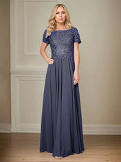 A Line Chiffon Boat Neck Short Sleeves Floor Length Pleated Mother of the Bride Dresses
