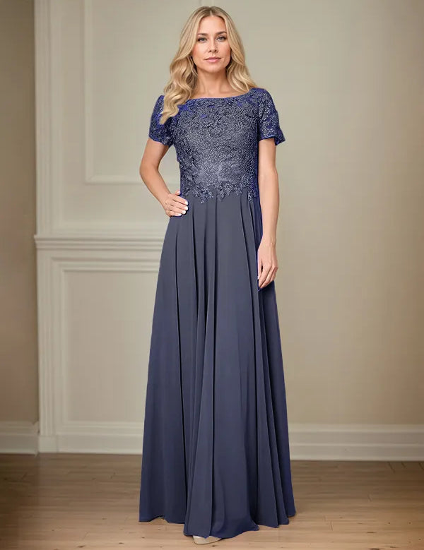 A Line Chiffon Boat Neck Short Sleeves Floor Length Pleated Mother of the Bride Dresses