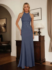 Dusty Blue Sheath Halter Long Mother of Bride Dress With Appliques