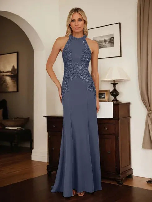 Dusty Blue Sheath Halter Long Mother of Bride Dress With Appliques