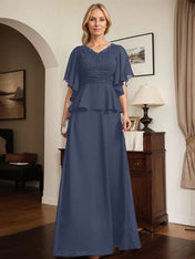 A-line V-Neck Floor-Length Chiffon Mother of the Bride Dress With Pleated Beading