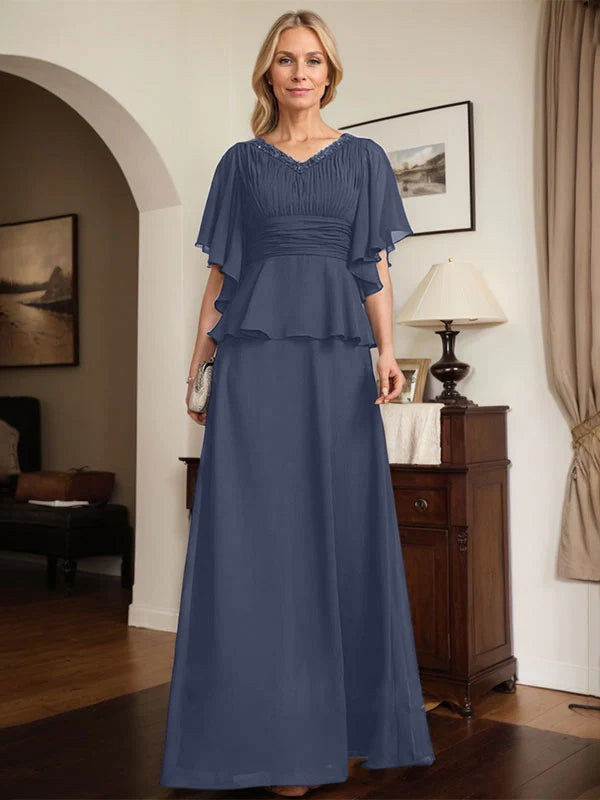 A-line V-Neck Floor-Length Chiffon Mother of the Bride Dress With Pleated Beading