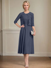 A-line Scoop Tea-Length Chiffon Mother of the Bride Dress With Pleated