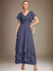 A-line V-Neck Ankle-Length Lace Chiffon Mother of the Bride Dress With Cascading Ruffles