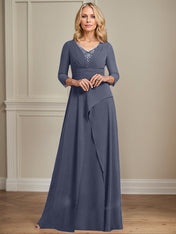 A-line V-Neck Floor-Length Chiffon Mother of the Bride Dress With Pleated Beading