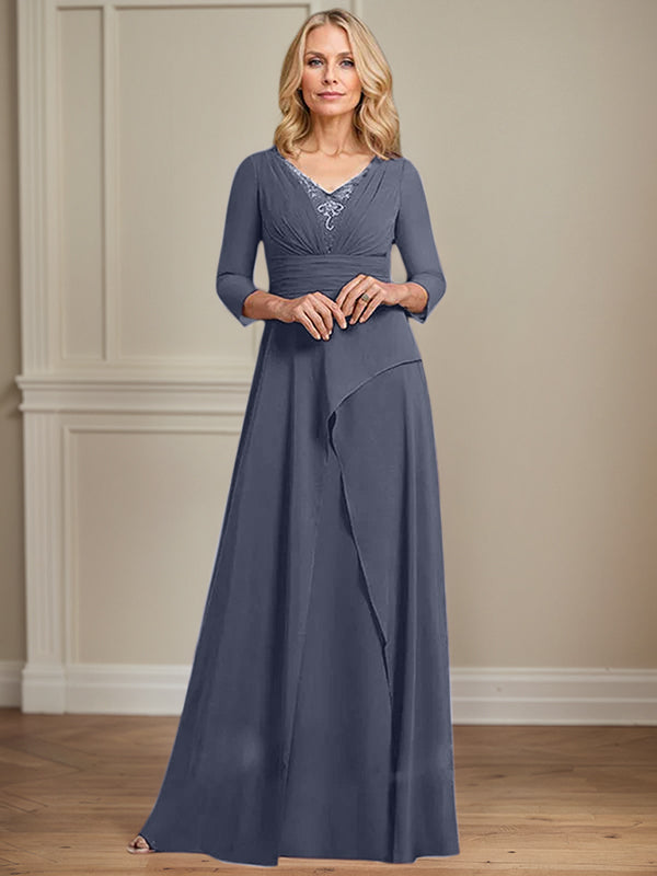 A-line V-Neck Floor-Length Chiffon Mother of the Bride Dress With Pleated Beading