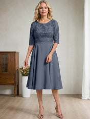 A-line Scoop Knee-Length Lace Chiffon Mother of the Bride Dress