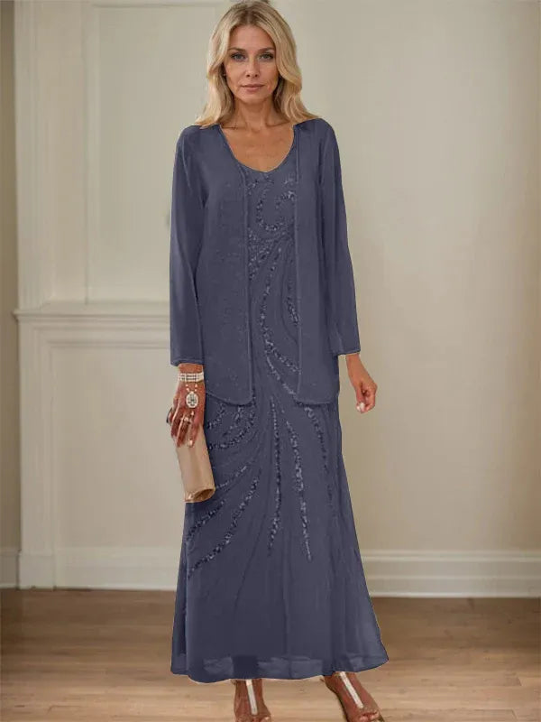 Column V-Neck Ankle-Length Mother of the Bride Dresses with Jacket & Sequins