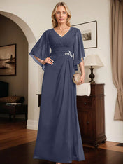 Sheath/Column V-Neck Floor-Length Chiffon Mother of the Bride Dress With Pleated Sequins Beading