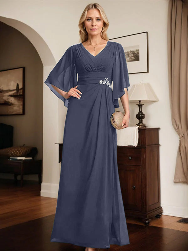 Column V-Neck Floor-Length Chiffon Mother of the Bride Dress With Pleated Sequins Beading