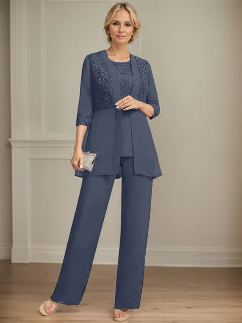 Pantsuit Separates Scoop Floor-Length Chiffon Lace Mother of the Bride Dress With Sequins