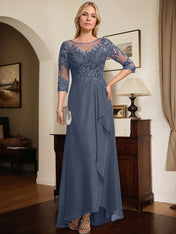 A-line Scoop Illusion Asymmetrical Lace Chiffon Mother of the Bride Dress With Sequins Cascading Ruffles