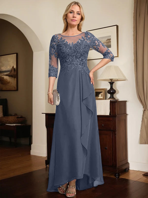 A-line Scoop Illusion Asymmetrical Lace Chiffon Mother of the Bride Dress With Sequins Cascading Ruffles