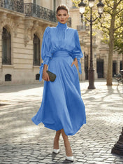 Sophisticated Emerald Green Satin High-Neck Midi Dress Gown