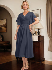 A-line V-Neck Tea-Length Chiffon Mother of the Bride Dress With Pleated Beading