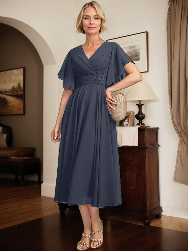A-line V-Neck Tea-Length Chiffon Mother of the Bride Dress With Pleated Beading