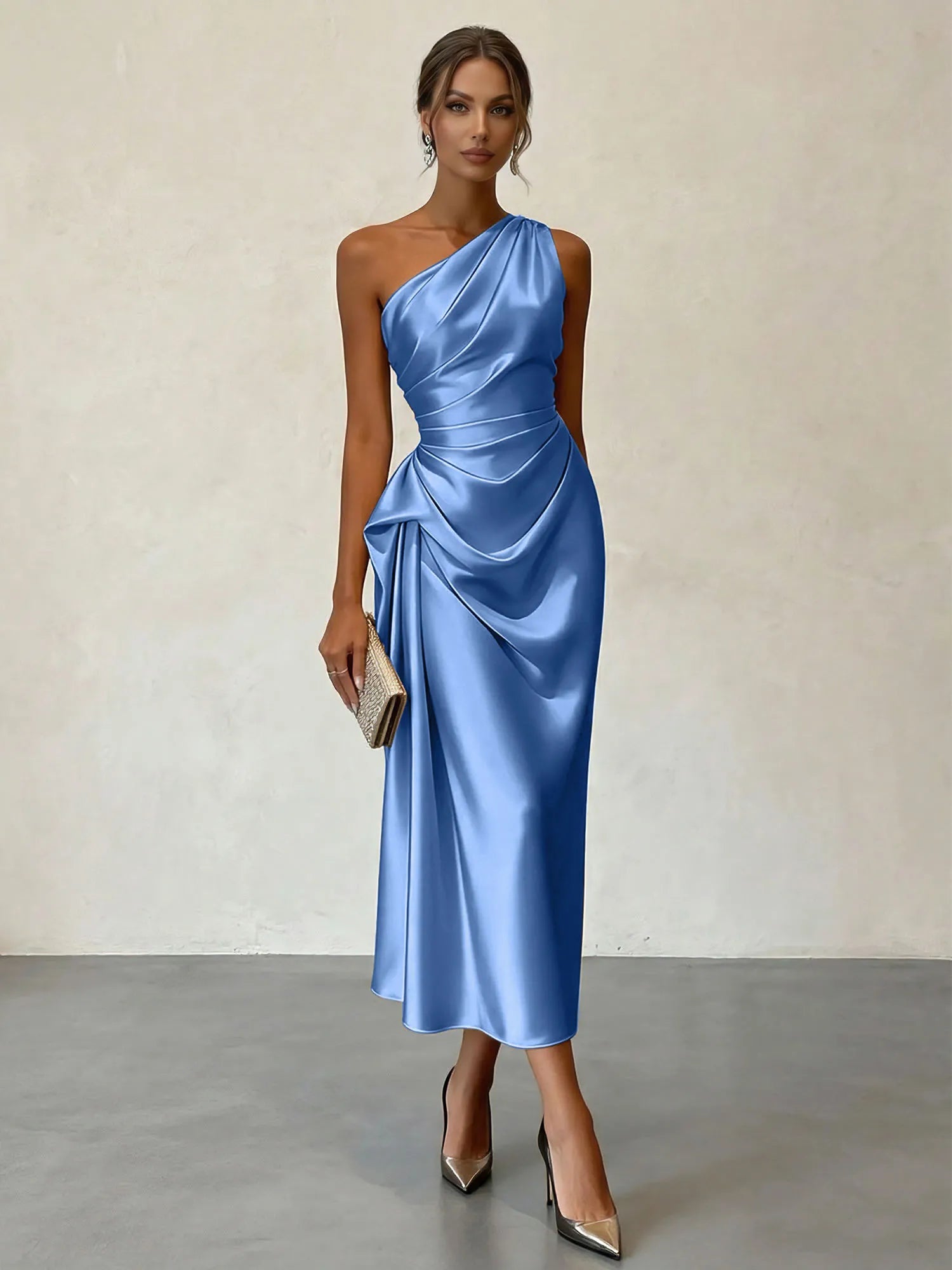 Champagne Ruched Satin One Shoulder Sleeveless Sheath Midi Dress