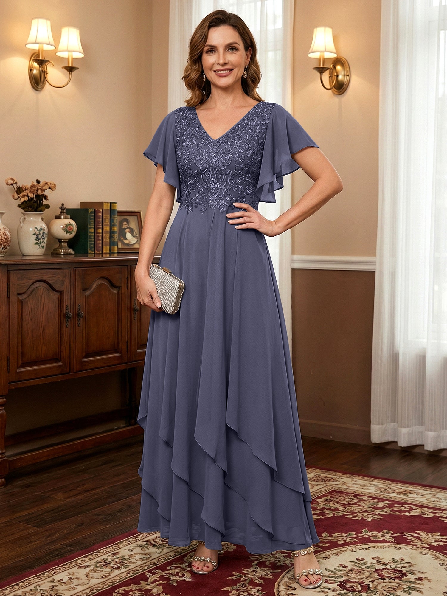 A-line V-Neck Ankle-Length Lace Chiffon Mother of the Bride Dress With Cascading Ruffles