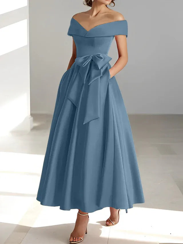 Princess Off-the-Shoulder Sleeveless Ankle-Length Mother of the Bride Dresses with Pockets