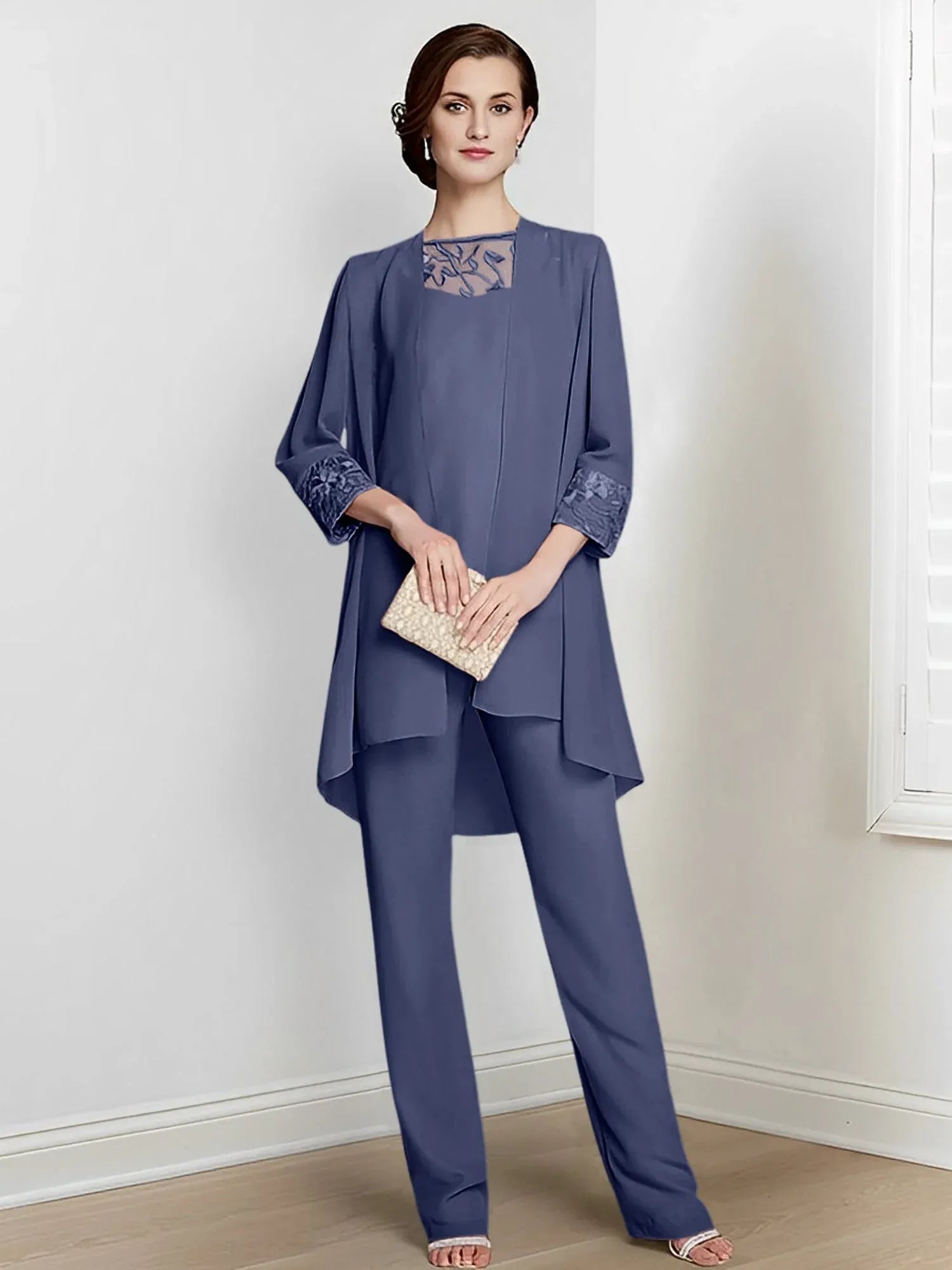 Tailleur-pantalon en mousseline à manches longues pour mère de la mariée avec veste 