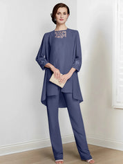 Tailleur-pantalon en mousseline à manches longues pour mère de la mariée avec veste 