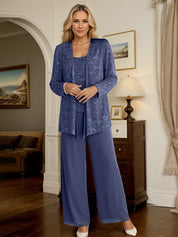 Stormy Blue Chiffon Mother of the Bride Pantsuits with Jacket & Sequins