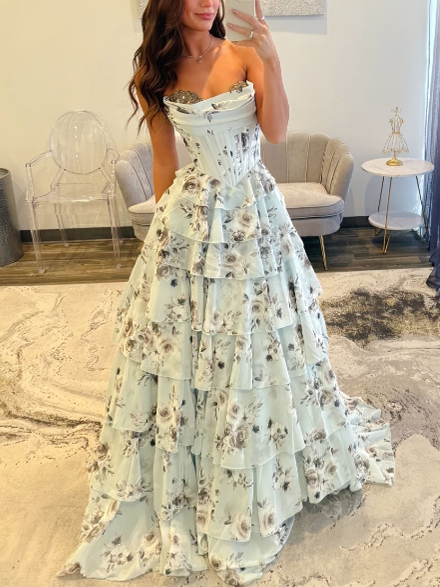Strapless A-Line Floral Sweetheart Rhinestone Long Prom Dress
