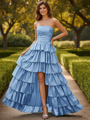 Strapless A Line Satin Tiered Long Prom Dress with Slit