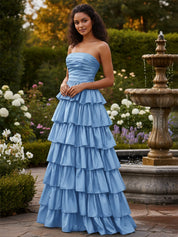Strapless A Line Satin Tiered Long Prom Dress with Slit