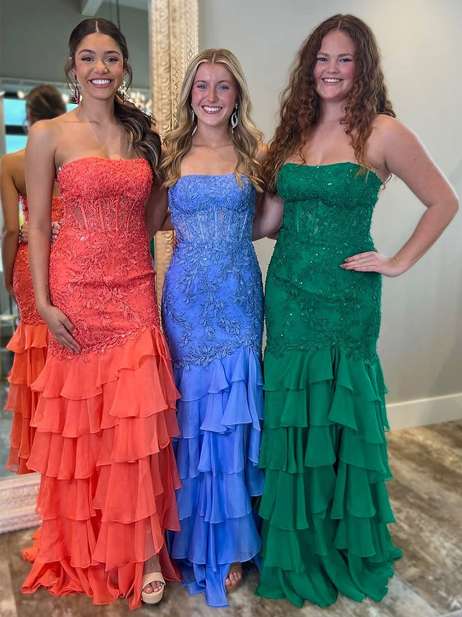 Strapless Applique Ruffle Mermaid Long Prom Dress with Slit