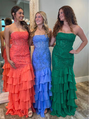 Strapless Applique Ruffle Mermaid Long Prom Dress with Slit