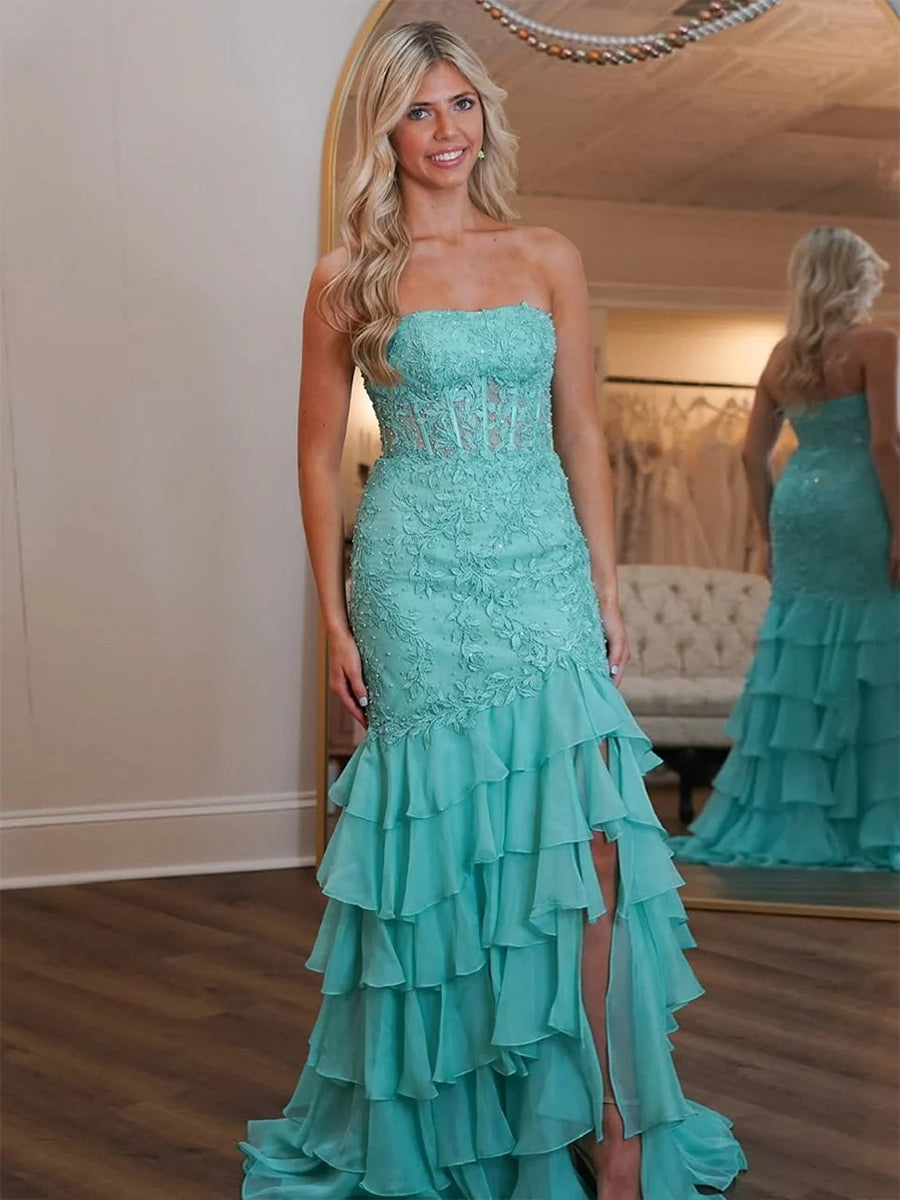 Strapless Applique Ruffle Mermaid Long Prom Dress with Slit